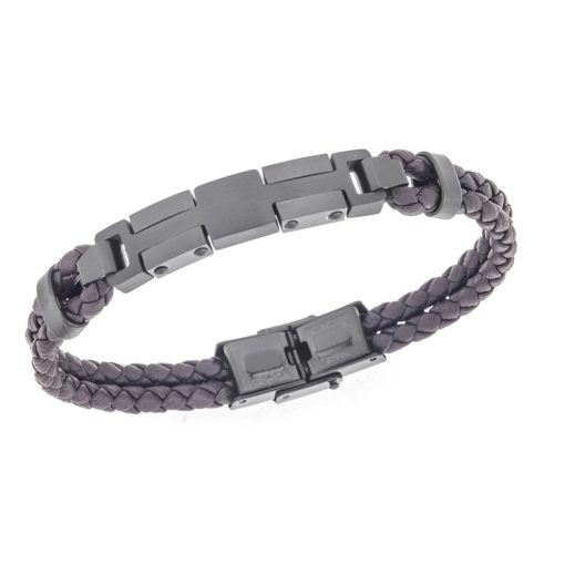 Βραχιόλι διπλό Senza Men's Steel, Brown Leather Strap, με μαύρο σχέδιο