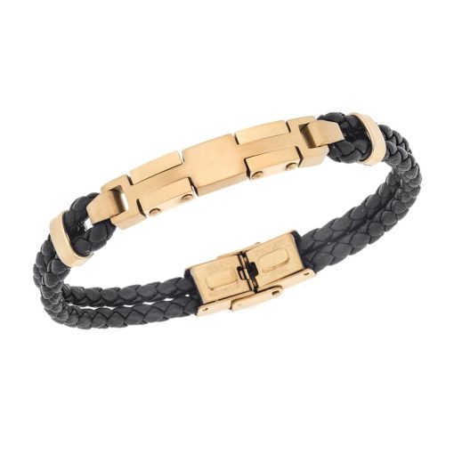 Βραχιόλι διπλό Senza Men's Gold Plated Steel, Black Leather Strap, με χρυσό σχέδιο
