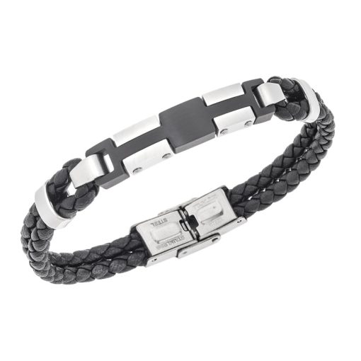 Βραχιόλι διπλό Senza Men's Steel, Black Leather Strap, με ασημί & μαύρο σχέδιο