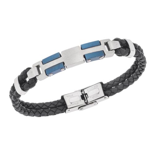 Βραχιόλι διπλό Senza Men's Steel, Black Leather Strap, με ασημί & μπλε σχέδιο