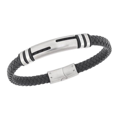 Βραχιόλι Senza Men's Steel, Black Leather Strap, με ασημί σχέδιο