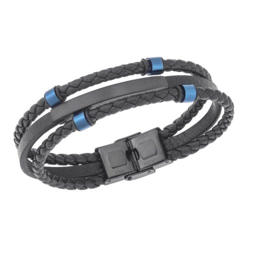 Βραχιόλι τριπλό Senza Men's Steel, Black Leather Strap, με μαύρη ταυτότητα και μπλε στοιχεία