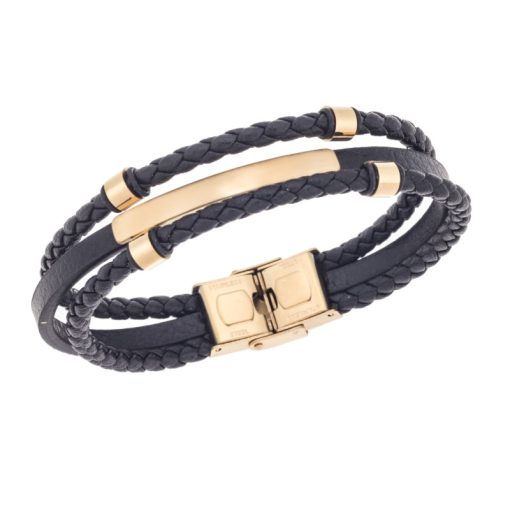 Βραχιόλι τριπλό Senza Men's Gold Plated Steel, Black Leather Strap, με χρυσή ταυτότητα και στοιχεία
