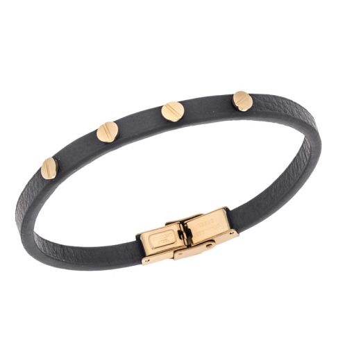 Βραχιόλι Senza Men's Gold Plated Steel, Black Leather Strap, με χρυσά στοιχεία