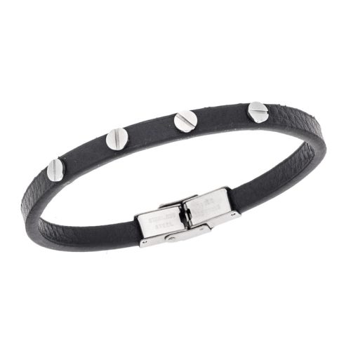 Βραχιόλι Senza Men's Steel, Black Leather Strap, με ασημί στοιχεία