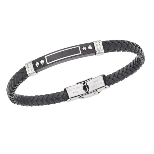 Βραχιόλι Senza Men's Steel, Black Leather Strap, με μαύρη ταυτότητα