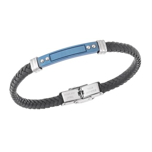 Βραχιόλι Senza Men's Steel, Black Leather Strap, με δίχρωμη ταυτότητα