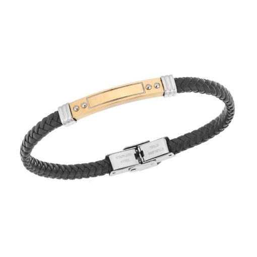Βραχιόλι Senza Men's Gold Plated Steel, Black Leather Strap, με δίχρωμη ταυτότητα
