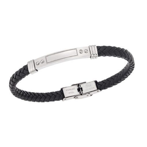 Βραχιόλι Senza Men's Steel, Black Leather Strap, με ασημί ταυτότητα