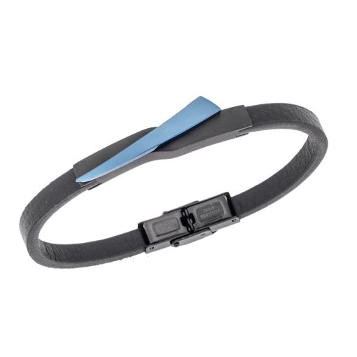 Βραχιόλι Senza Men's Black Steel, Black Leather Strap, με μαύρο & μπλε σχέδιο