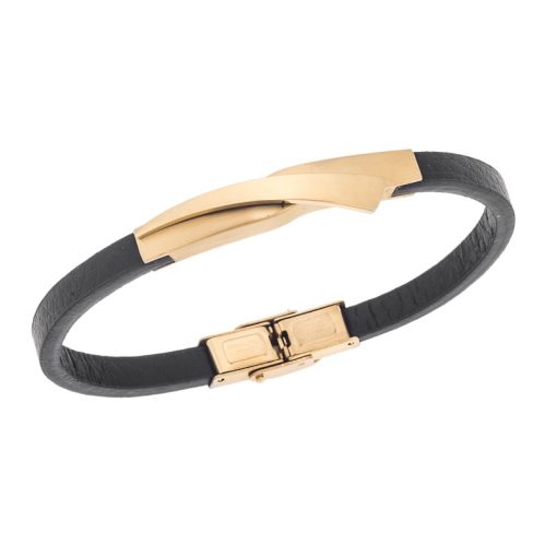 Βραχιόλι Senza Men's Gold Plated Steel, Black Leather Strap, με χρυσό σχέδιο