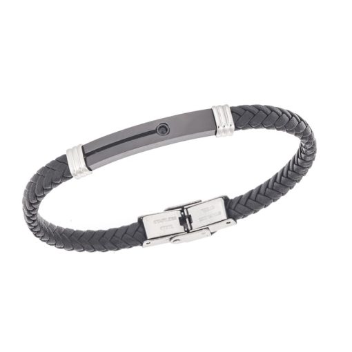 Βραχιόλι Senza Men's Steel, Black Leather Strap, δίχρωμο με μαύρη πέτρα
