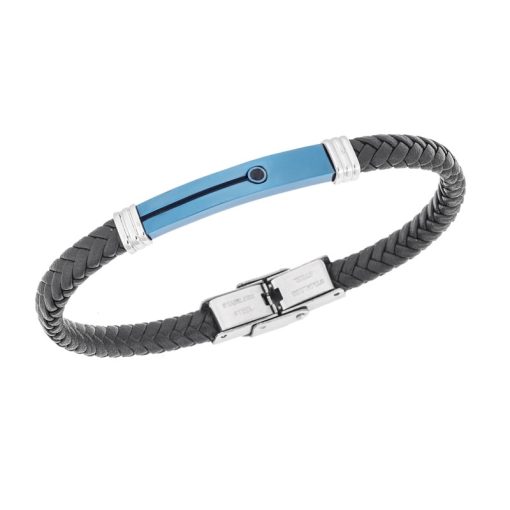 Βραχιόλι Senza Men's Steel, Black Leather Strap, δίχρωμο με μαύρη πέτρα