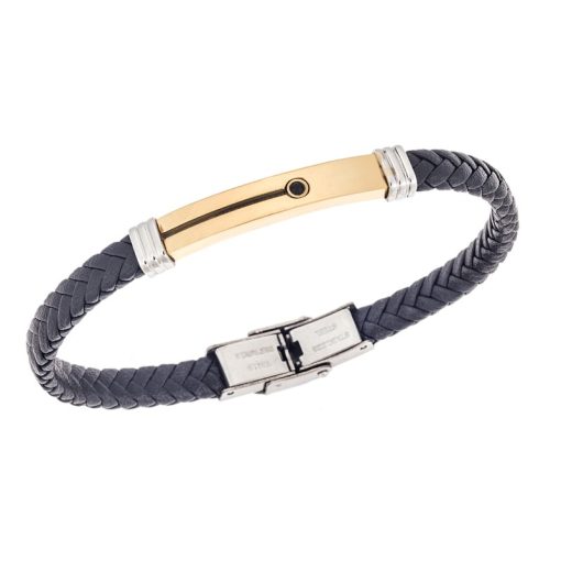 Βραχιόλι Senza Men's Gold Plated Steel, Black Leather Strap, δίχρωμο με μαύρη πέτρα