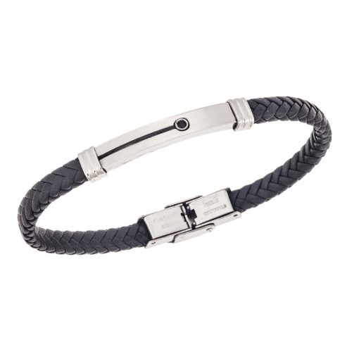 Βραχιόλι Senza Men's Steel, Black Leather Strap, με μαύρη πέτρα