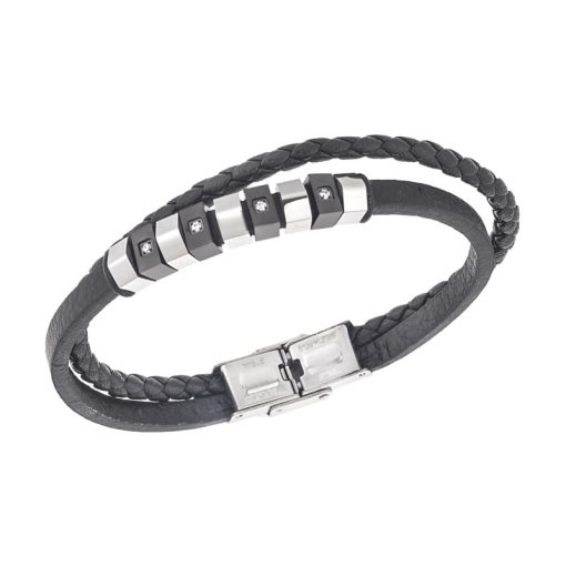 Βραχιόλι διπλό Senza Men's Steel, Black Leather Strap, με ασημί & μαύρα στοιχεία και πέτρες
