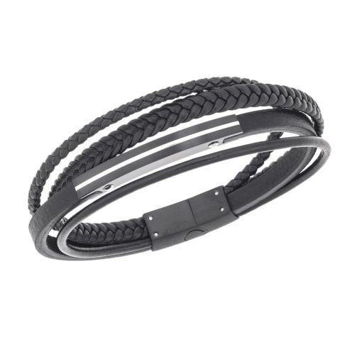 Βραχιόλι τετραπλό Senza Men's Steel, Black Leather Strap