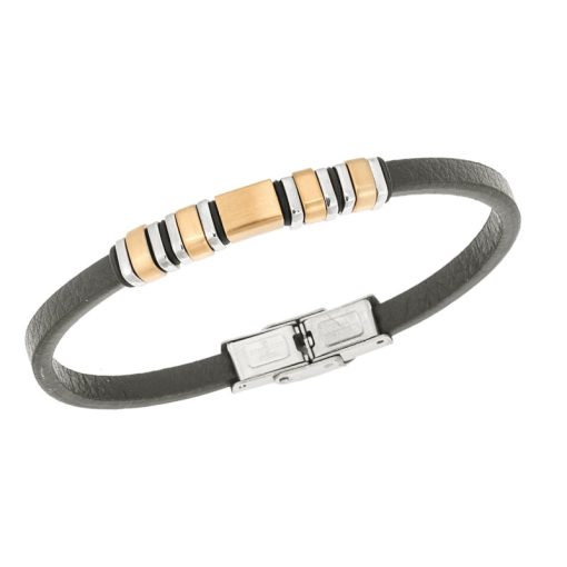 Βραχιόλι Senza Men's Gold Plated Steel, Black Leather Strap, με δίχρωμα στοιχεία