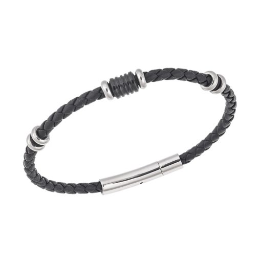 Βραχιόλι Senza Men's Steel, Black Leather Strap, με δίχρωμα στοιχεία