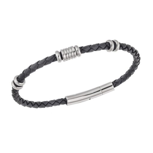 Βραχιόλι Senza Men's Steel, Black Leather Strap, με ασημί στοιχεία