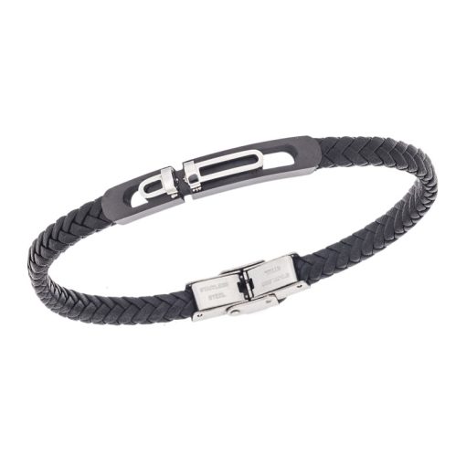 Βραχιόλι Senza Men's Steel, Black Leather Strap, με δίχρωμο σχέδιο