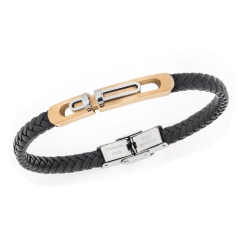 Βραχιόλι Senza Men's Gold Plated Steel, Black Leather Strap, με δίχρωμο σχέδιο