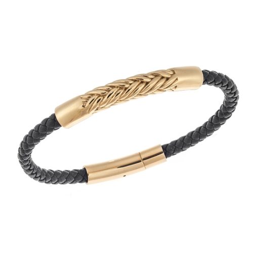 Βραχιόλι Senza Men's Steel, Black Leather Strap, με χρυσό σχέδιο