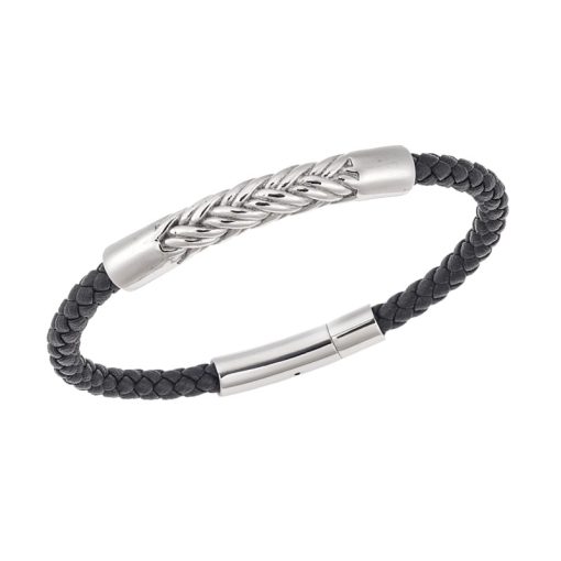 Βραχιόλι Senza Men's Steel, Black Leather Strap, με ασημί σχέδιο