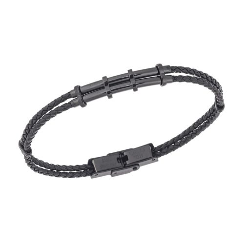 Βραχιόλι Senza Men's Black Steel, Black Leather Strap, με μαύρο σχέδιο