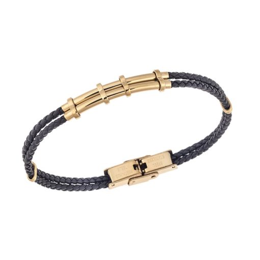 Βραχιόλι Senza Men's Gold Plated Steel, Black Leather Strap, με χρυσό σχέδιο