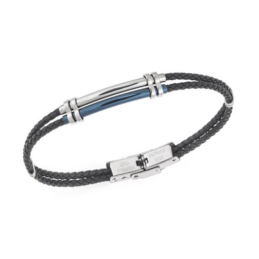 Βραχιόλι Senza Men's Steel, Black Leather Strap, με ασημί & μπλε σχέδιο