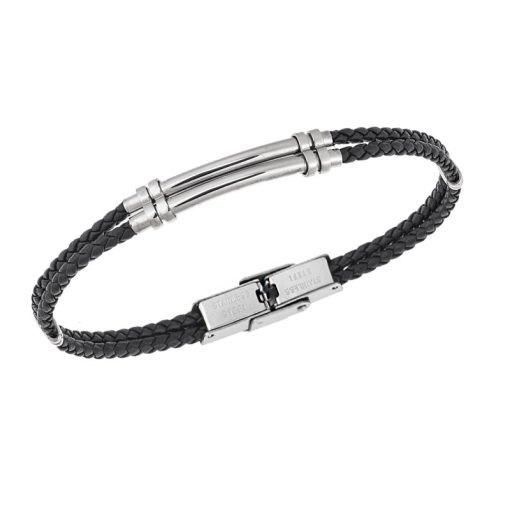 Βραχιόλι Senza Men's Steel, Black Leather Strap, με ασημί σχέδιο