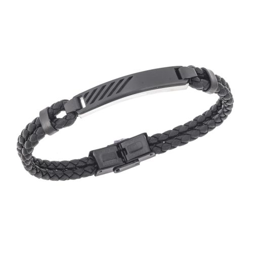 Βραχιόλι Senza Men's Steel, Black Leather Strap, με ασημί & μαύρο σχέδιο