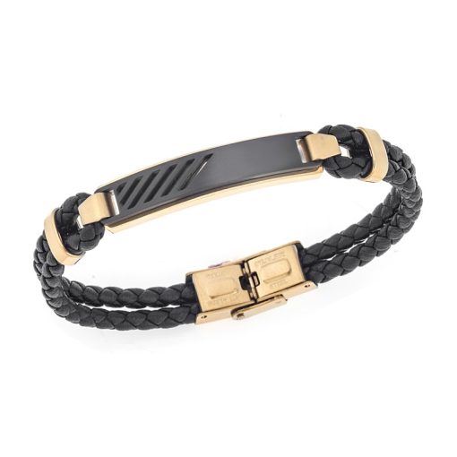 Βραχιόλι Senza Men's Gold Plated Steel, Black Leather Strap, με χρυσό & μαύρο σχέδιο