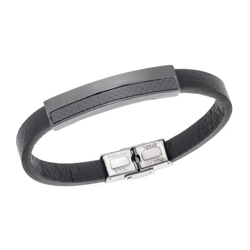 Βραχιόλι Senza Men's Steel, Black Leather Strap, με μαύρο σχέδιο