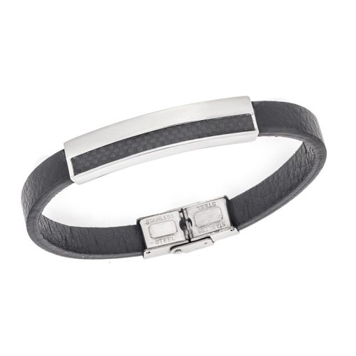 Βραχιόλι Senza Men's Steel, Black Leather Strap, με ασημί & μαύρο σχέδιο