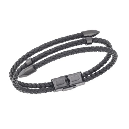 Βραχιόλι Senza Men's Steel, Black Leather Strap, με μαύρο σχέδιο