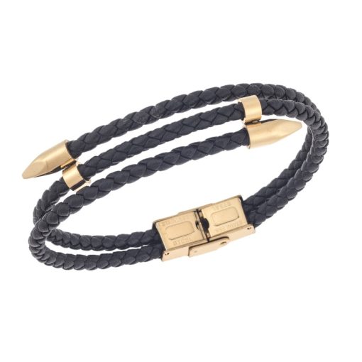 Βραχιόλι Senza Men's Gold Plated Steel, Black Leather Strap, με χρυσό & μαύρο σχέδιο