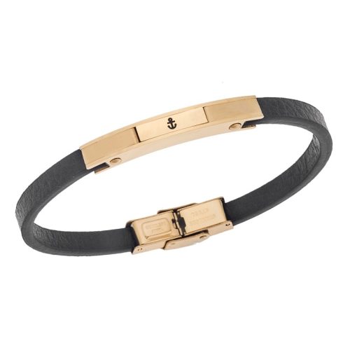 Βραχιόλι Senza Men's Gold Plated Steel, Black Leather Strap, χρυσό σχέδιο με άγκυρα