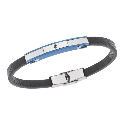Βραχιόλι Senza Men's Steel, Black Leather Strap, ασημί & μπλε σχέδιο με άγκυρα