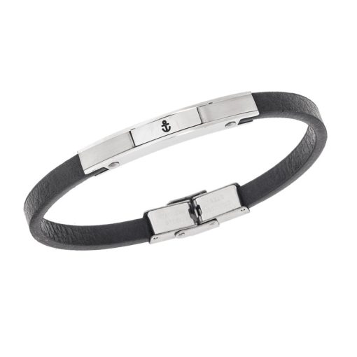 Βραχιόλι Senza Men's Steel, Black Leather Strap, ασημί σχέδιο με άγκυρα