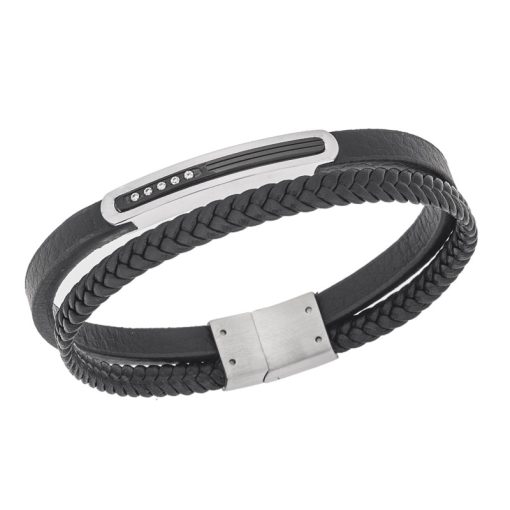 Βραχιόλι Senza Men's Steel, Black Leather Strap, ασημί & μαύρη πλακέτα με πέτρες