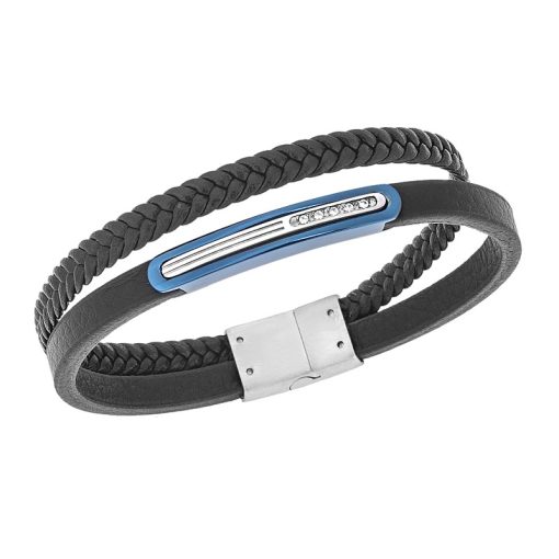 Βραχιόλι Senza Men's Steel, Black Leather Strap, ασημί & μπλε πλακέτα με πέτρες