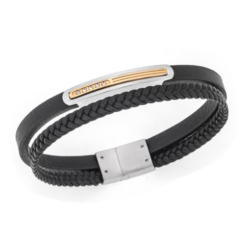Βραχιόλι Senza Men's Steel, Black Leather Strap, ασημί & χρυσή πλακέτα με πέτρες