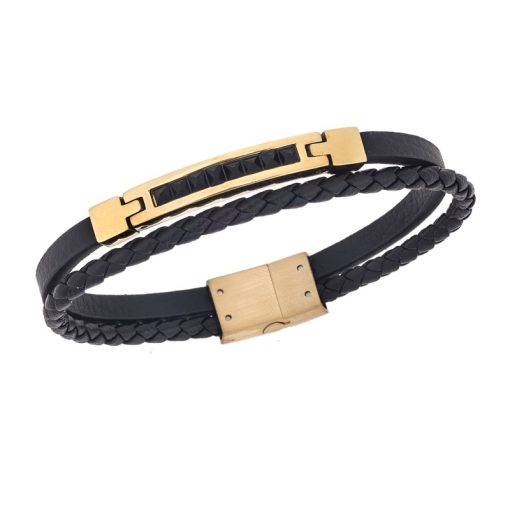 Βραχιόλι Senza Men's Steel, Black Leather Strap, χρυσή πλακέτα με μαύρες πέτρες