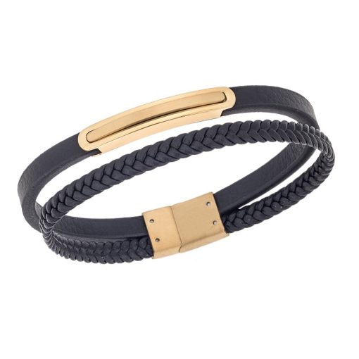 Βραχιόλι διπλό Senza Men's Gold Plated Steel, Black Leather Strap, με χρυσή ταυτότητα