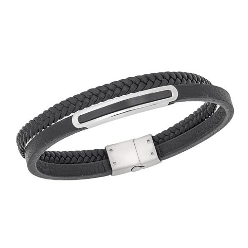 Βραχιόλι διπλό Senza Men's Steel, Black Leather Strap, με δίχρωμη ταυτότητα