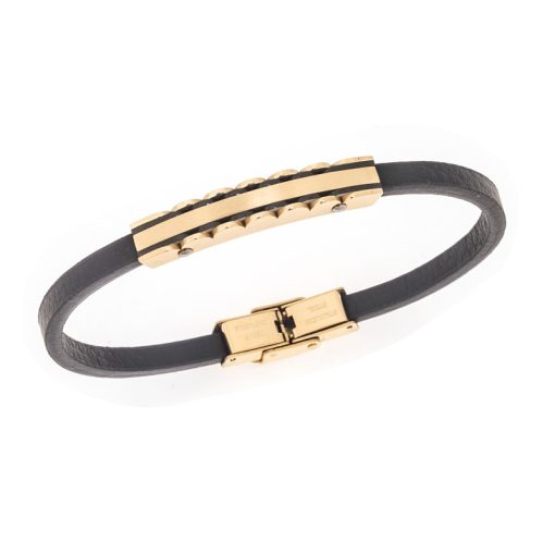 Βραχιόλι Senza Men's Gold Plated Steel, Black Leather Strap, με χρυσή ταυτότητα