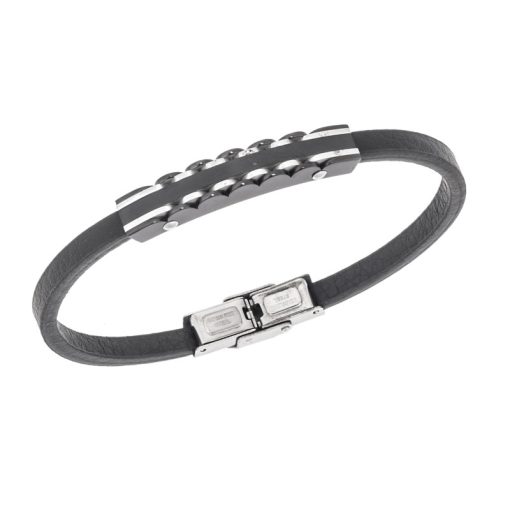Βραχιόλι Senza Men's Steel, Black Leather Strap, με μαύρη ταυτότητα