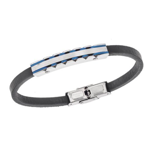 Βραχιόλι Senza Men's Steel, Black Leather Strap, με ασημί ταυτότητα